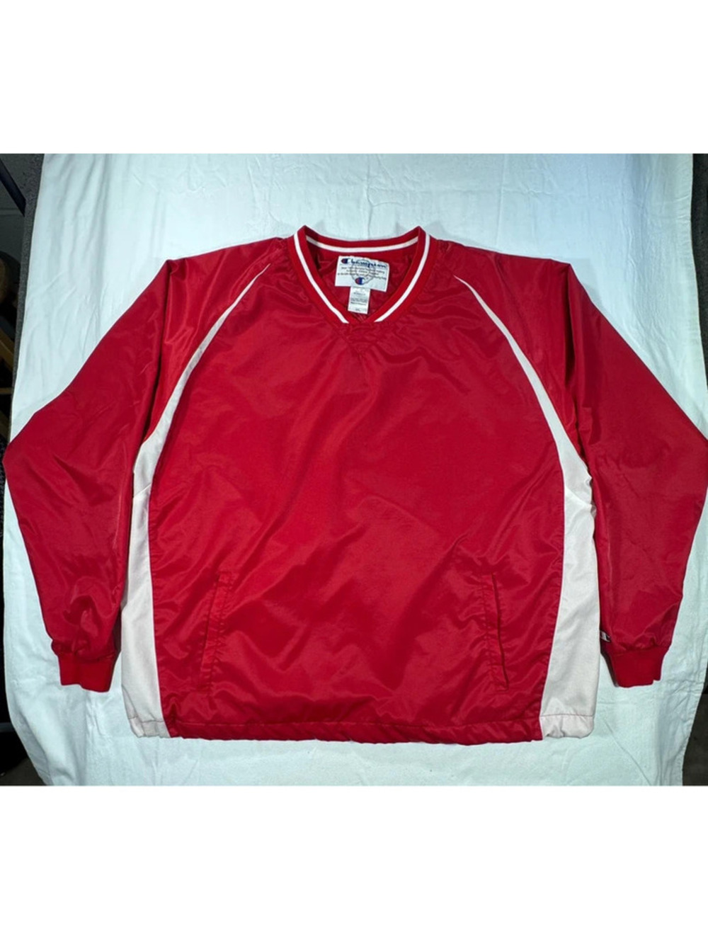 Vintage Champion V-Neck Pullover Windbreaker Jacket Red White Men's 2XL
